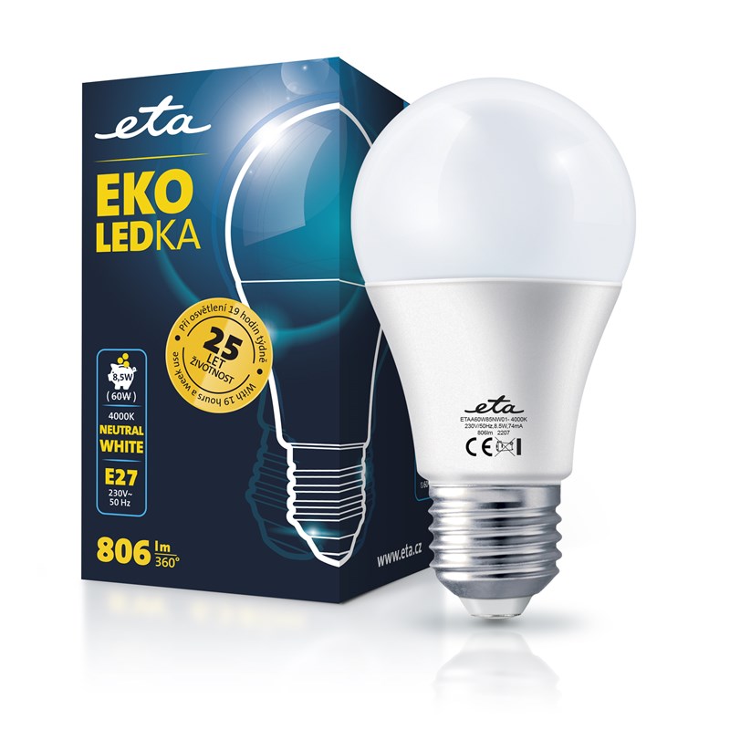 LED žiarovka ETA EKO LEDka klasik 8,5W, E27, neutrální bílá