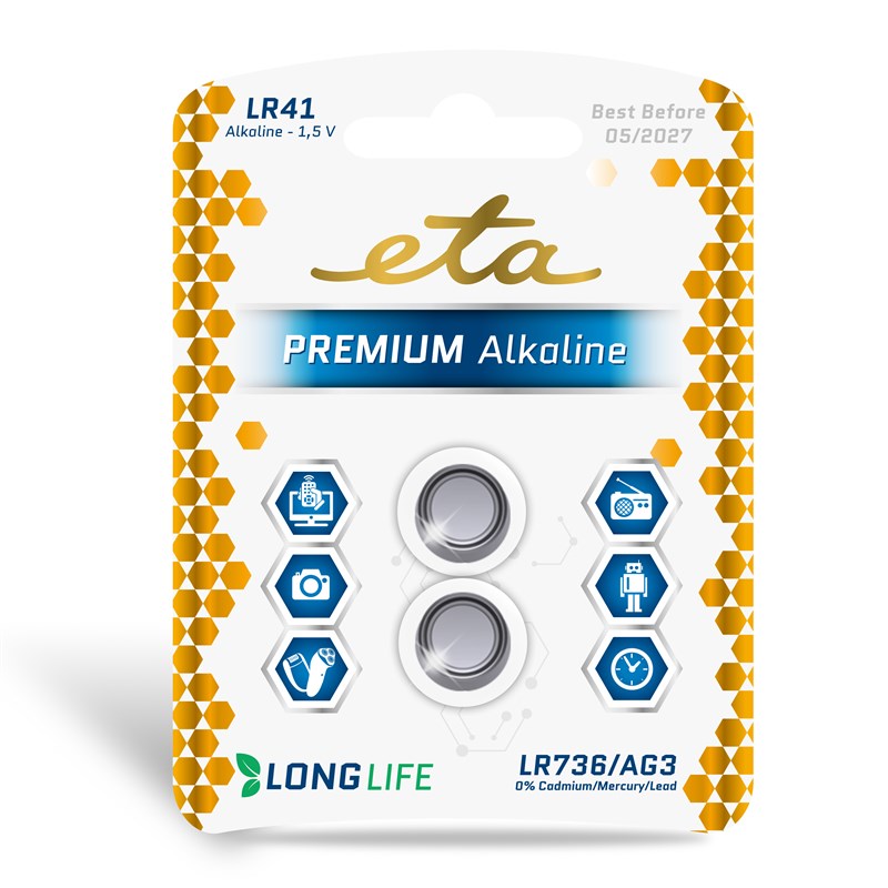 Batéria alkalická ETA PREMIUM ALKALINE 1,5V, LR41, blister 2ks