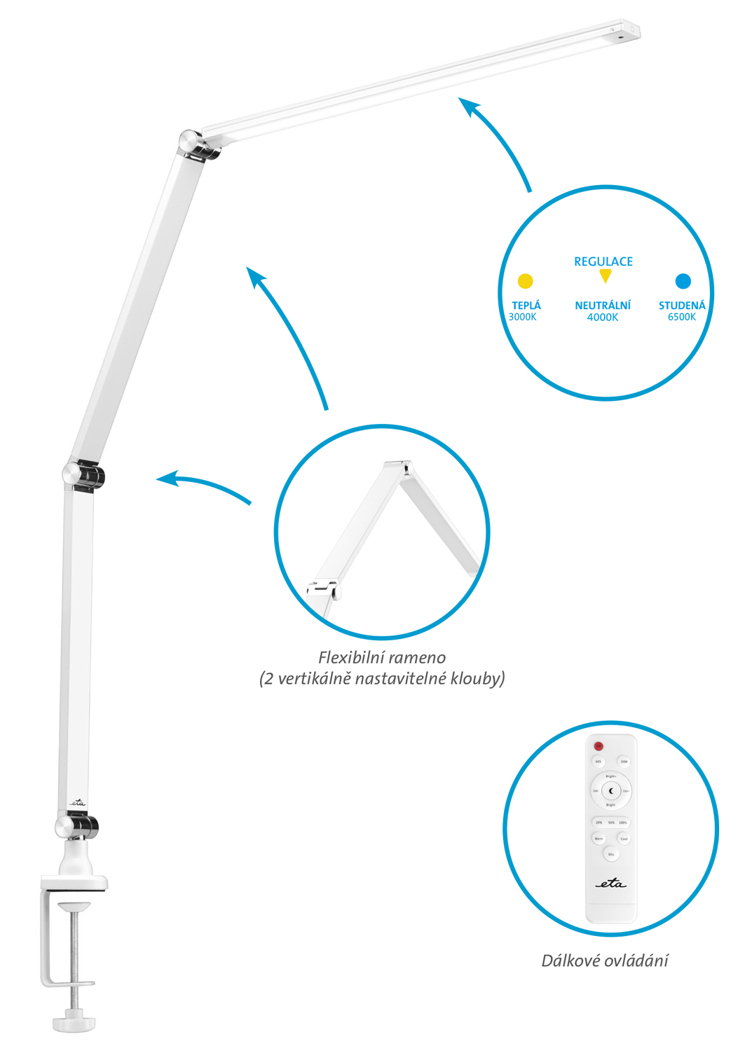 Stolná lampa ETA 2893 90010 stmievateľná, diaľkový ovládač, 10W biela