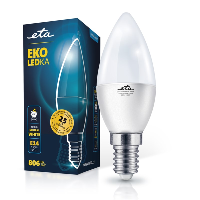 LED žiarovka ETA EKO LEDka svíčka 8W, E14, neutrální bílá