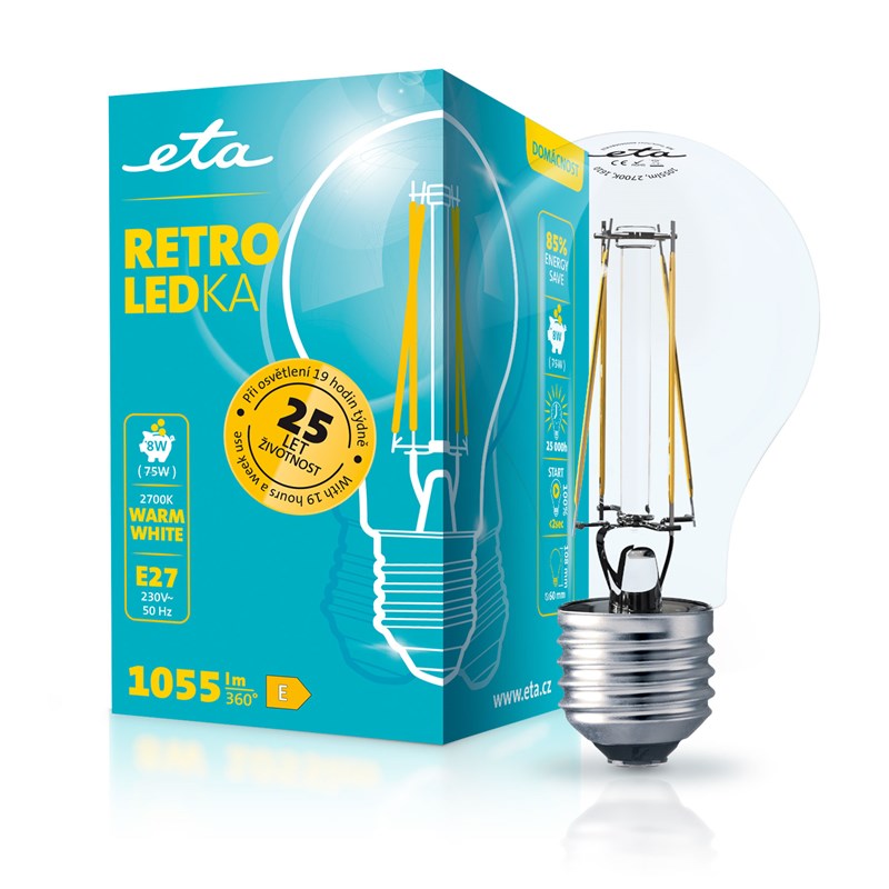 LED žiarovka ETA RETRO LEDka klasik filament 8W, E27, teplá bílá