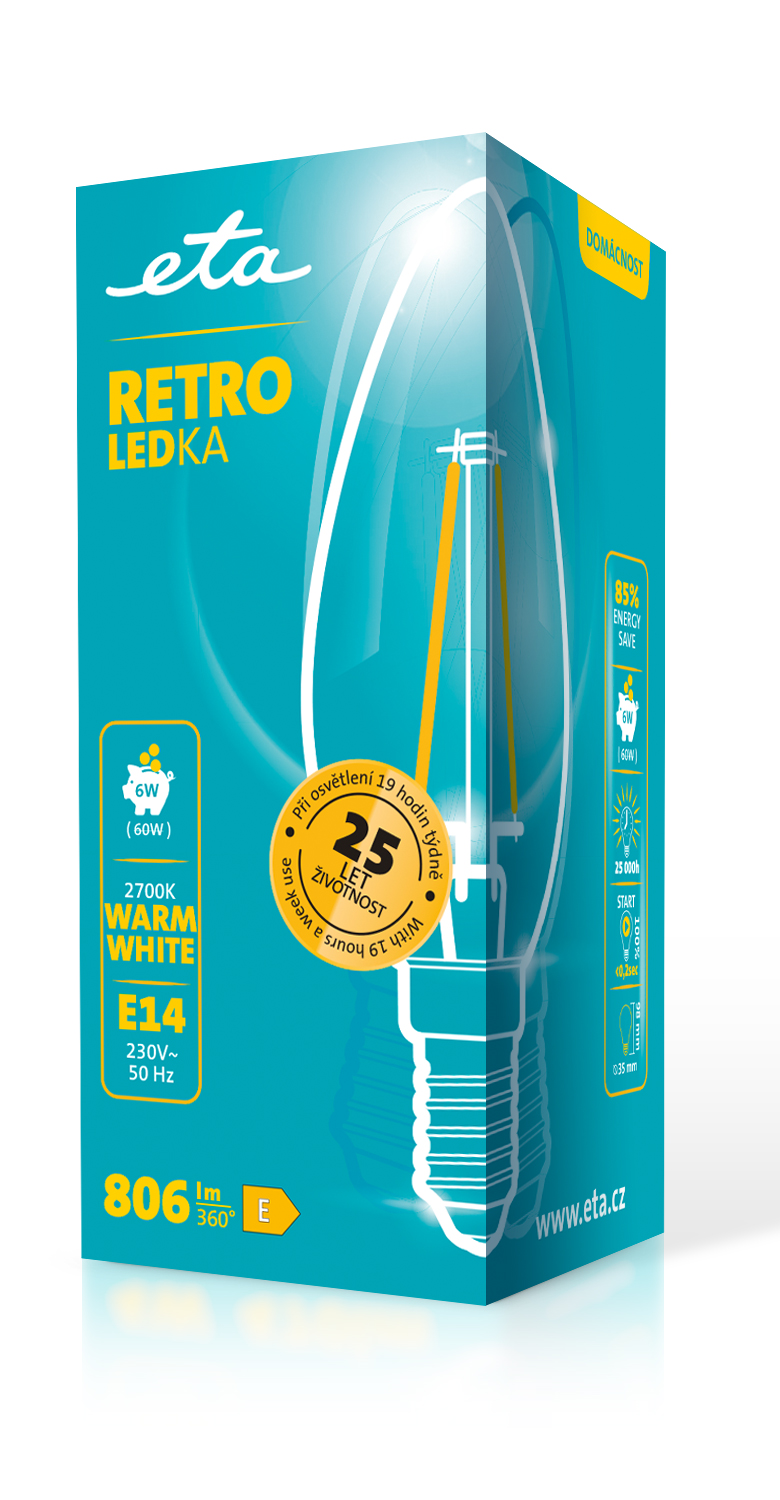 LED žiarovka ETA RETRO LEDka svíčka filament 6W, E14, teplá bílá