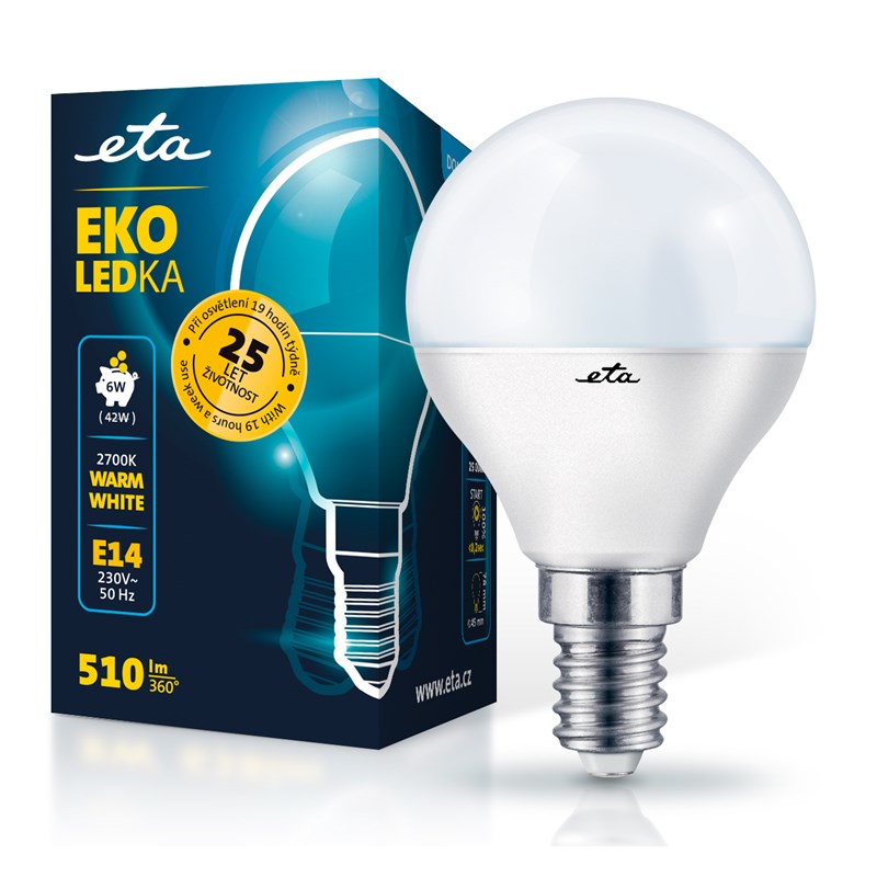 LED žiarovka ETA EKO LEDka mini globe 6W, E14, teplá bílá